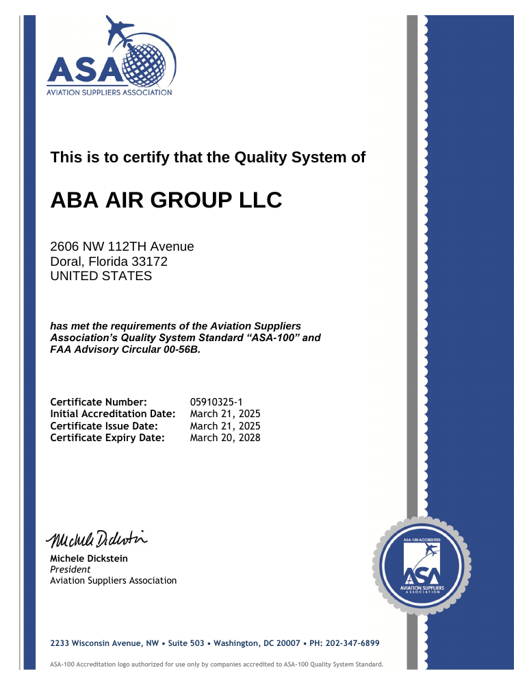 ABA Air Group ASA-100 accreditation certificate